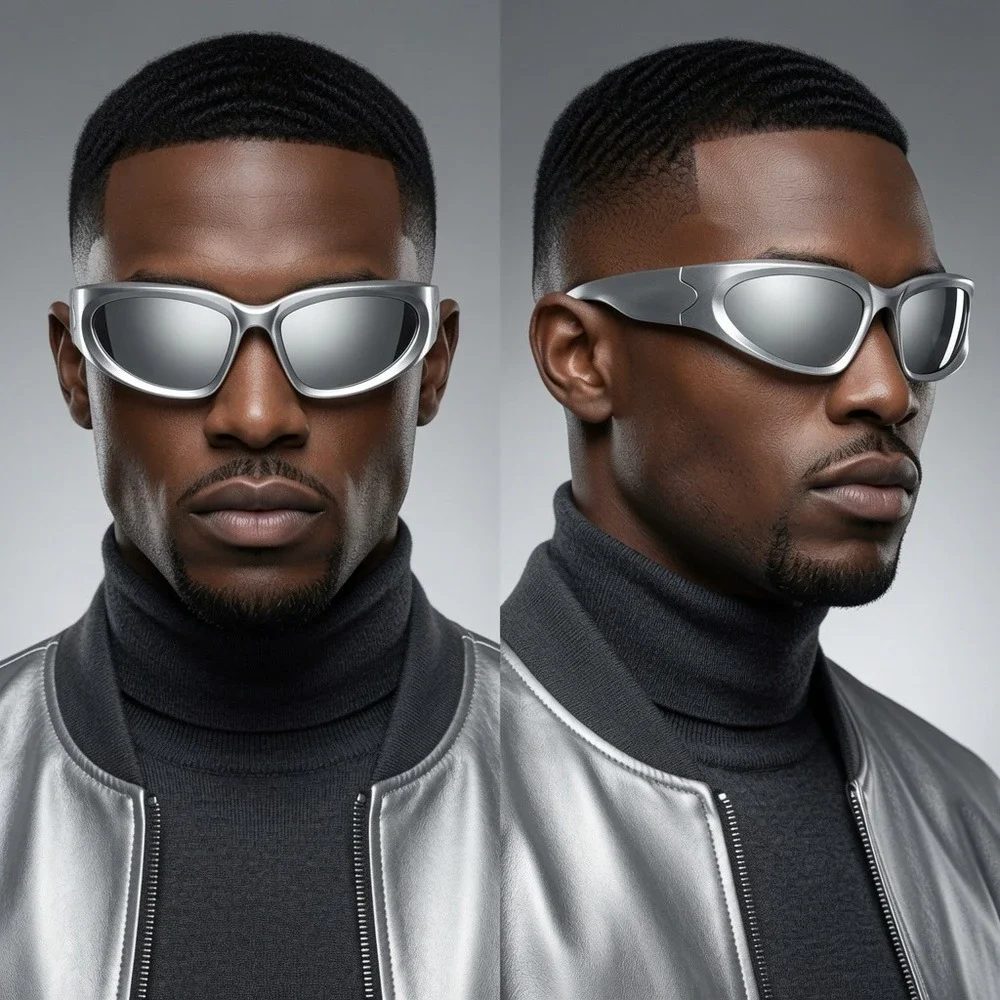 Sport Sunglasses Men Safety Shades Silver Mirror Lens Streetwear Outdoor Driving